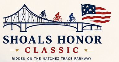 Shoals Honor Classic bridge, cyclists and American flag logo